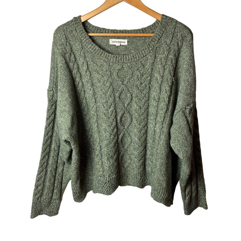 Lucky Brand Sweater Women’s XXL Green Heather Cable Knit Oversized Cotton Blend